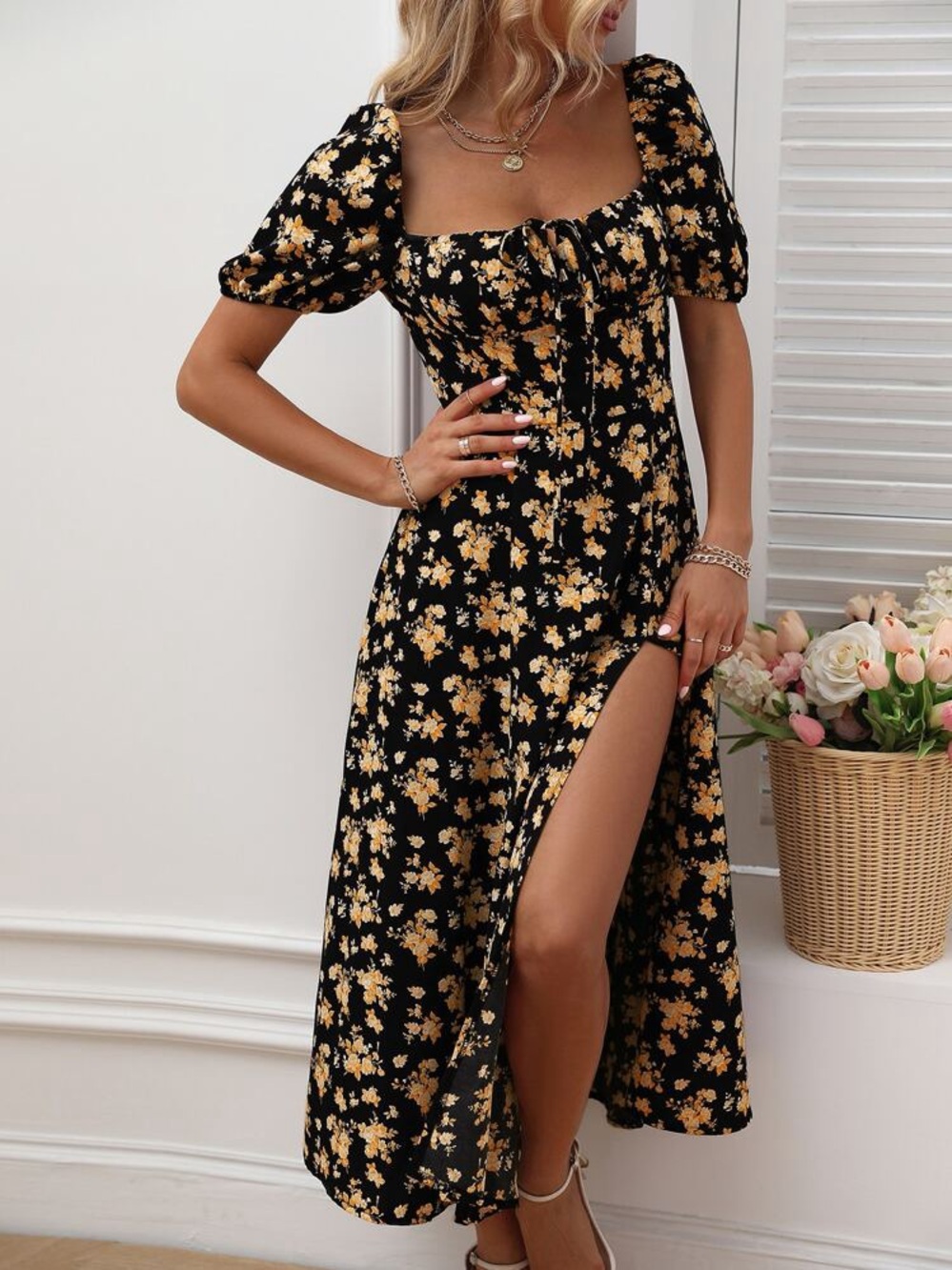 SHEIN Black Maxi Dress with Yellow Floral Print